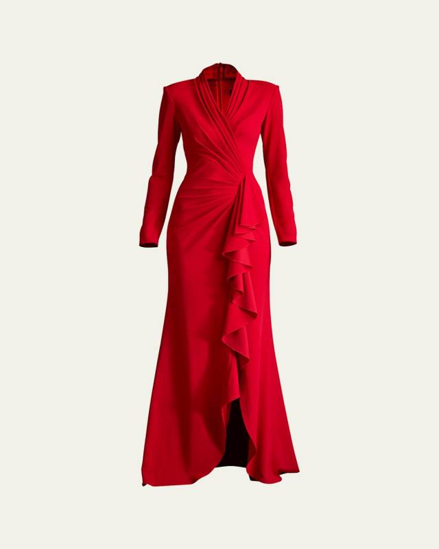 Pleated Long-Sleeve Ruffle Crepe Gown